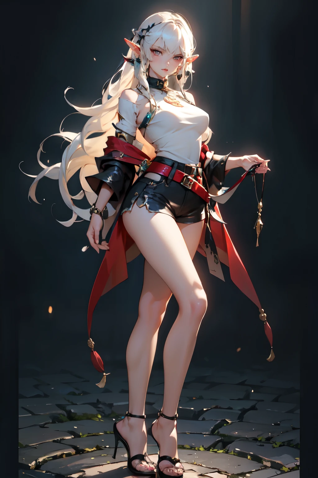 1girll， NSFW， tmasterpiece， Best quality at best， Slim girl with hourglass body and huge breasts， 独奏， prette， adolable， Shy girl， The girl reveals attractive breasts， boobgasm， （（long whitr hair， White color hair））， Orange eyes， Detailed eyes， beautidful eyes， finely-detailed eyes， （（Hourglass body， Voluptious body））， Correct anatomy， Correct limbs， （（gigantic cleavage breasts， big cleavage breasts）），juicy lips，Fox ears，jaket，exposed bare shoulders，Clear  eyes，black hair band，Orange belt，Broken stockings