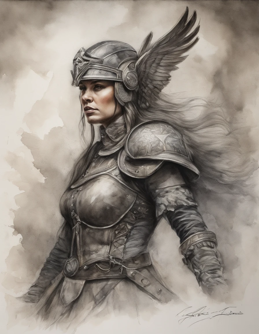 charcoal drawing, Valkyrie, hyper detailed, masterwork, martial, warlike, impressive