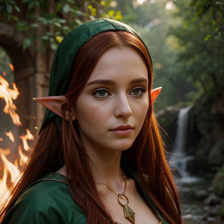 1 female elf with, pretty face, 30 years old, Ultra detailed face and eyes, hyperrealistic, realistic representation, wearing a long elf dress, dancing through an elf village, full body, She has long fire red hair