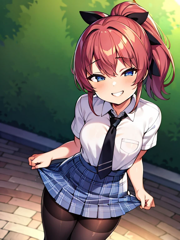 ((highest quality)), ((masterpiece)), (detailed), (Character Focus、breast focus,whole body), Anime 2D Rendering, Realistic young anime woman, Five Fingers, Perfect Face, Beautiful fine details, Beautiful body, Beautiful breasts, Beautiful thighs, (Smaller breasts)、Beautiful feet, (White beautiful skin), Baby Face、 、One Girl, Redhead、(ponytail、Black Ribbon), ((Collared short-sleeved shirt, White shirt, Blue plaid pleated skirt, Blue tie))、(Black Pantyhose、loafers), Wicked Smile、((Grin))、garden、She turns her face and body towards the viewer,A pretty face and a charming smile,Are standing、