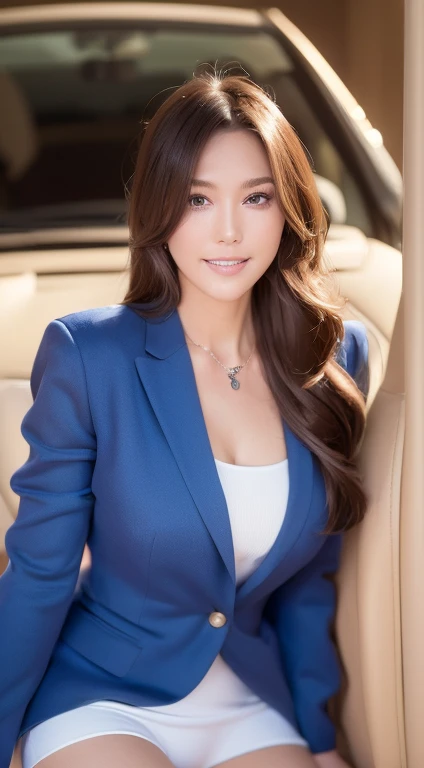 ((highest quality, 8k, masterpiece: 1.3)), concentrate: 1.2, Perfect body beauty: 1.4, Hips: 1.2, Big Breasts: 1.2, ((Delicate long hair)), (sparkling dress: 1.1) , Panty shot, White sexy panties,(sports car, street: 1.2),Dark blue suit, Highly detailed face and skin texture, Beautiful Eyes, double eyelid, White skin, smile, Wearing necklace, ring, Woman sitting in car.