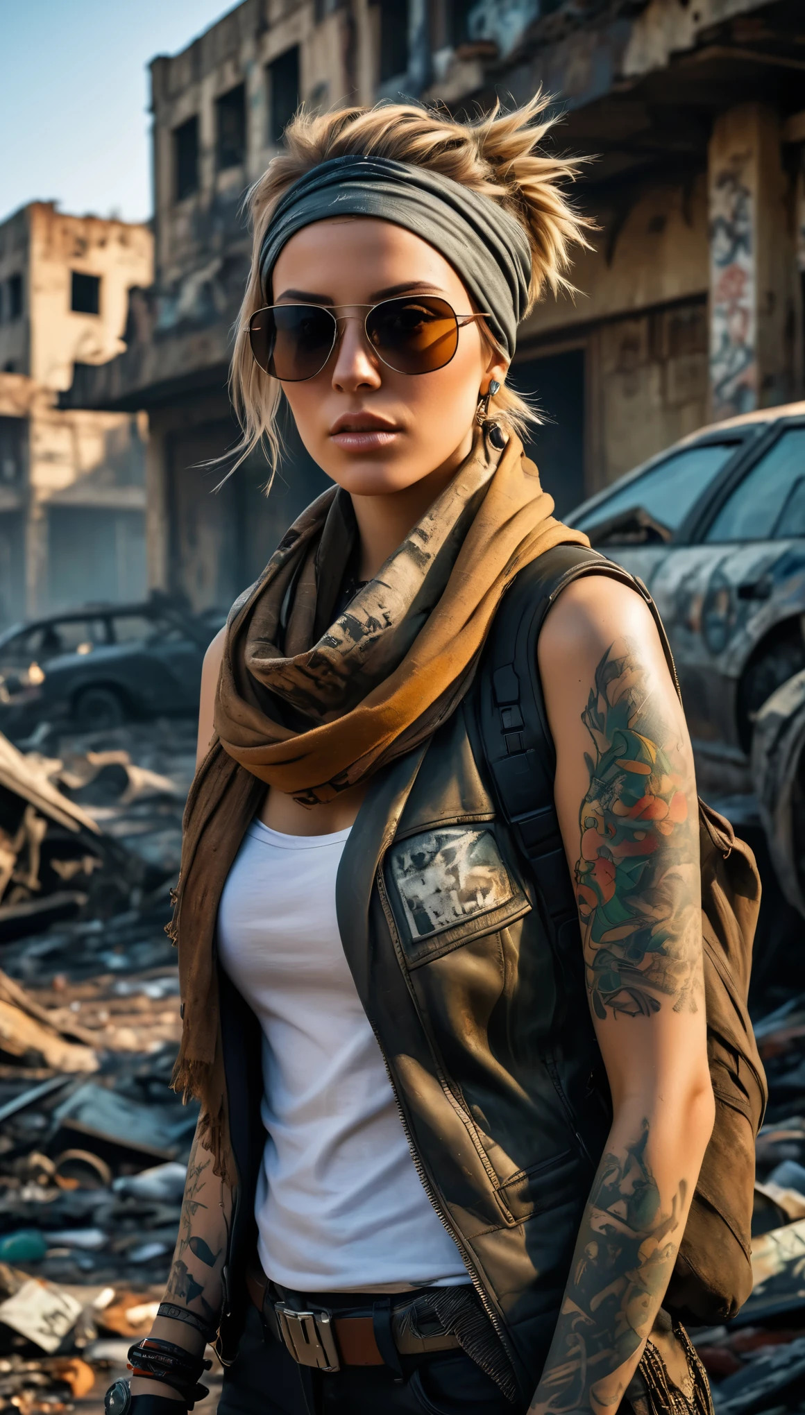 A photorealistic picture, best quality, realistic, full body portrait, real picture, enhanced details, depth of field, post-apocalyptic wasteland, destroyed city, ruins, trash, wrecked cars, graffiti, woman, dressed in old worn clothes, scarf on her head and neck, sunglasses, tattoo on her arm and neck, lots of details, automatic weapon. real face, real silhouette, Fujifilm XT3, outdoors, morning, nice lighting, dynamic, RAW, 8k, uhd, film grain, bokeh. incrase details to the city and the environment,, the signs of decay and destruction, the vegetation and wildlife, the weather and the sky, the mood and atmosphere,