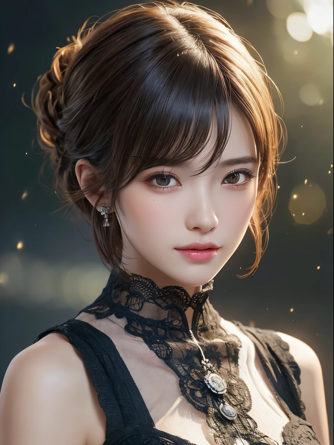 beautiful detailed eyes, beautiful detailed lips, extremely detailed face and eyes, long eyelashes, attractive features, flawless skin, light brown hair, tight waist, stylish black dress, necklace, 8k, highres, masterpiece, best quality, photorealistic, vivid colors, Random pose,nice smile