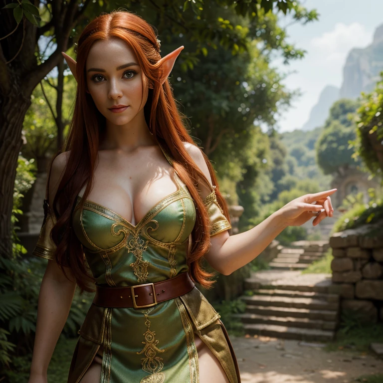 1 female elf with, pretty face, 30 years old, Ultra detailed face and eyes, hyperrealistic, realistic representation, wearing a long elf dress, dancing through an elf village, full body, She has long fire red hair