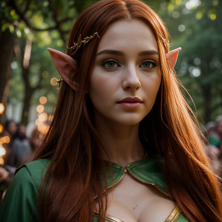 1 female elf with, pretty face, 30 years old, Ultra detailed face and eyes, hyperrealistic, realistic representation, wearing a long elf dress, dancing through an elf village, full body, She has long fire red hair