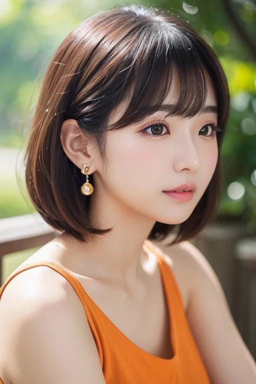 (Best image quality)、Ultra-Realistic Capture、19-year-old Japanese woman、Highly detailed eye resolution、cute、bob hair、With bangs、Sleeveless dress、A glittering social gathering、Natural light、Translucent white skin、Orange Makeup、The side of my hair is hanging over my cheek、Earrings、hair ornaments