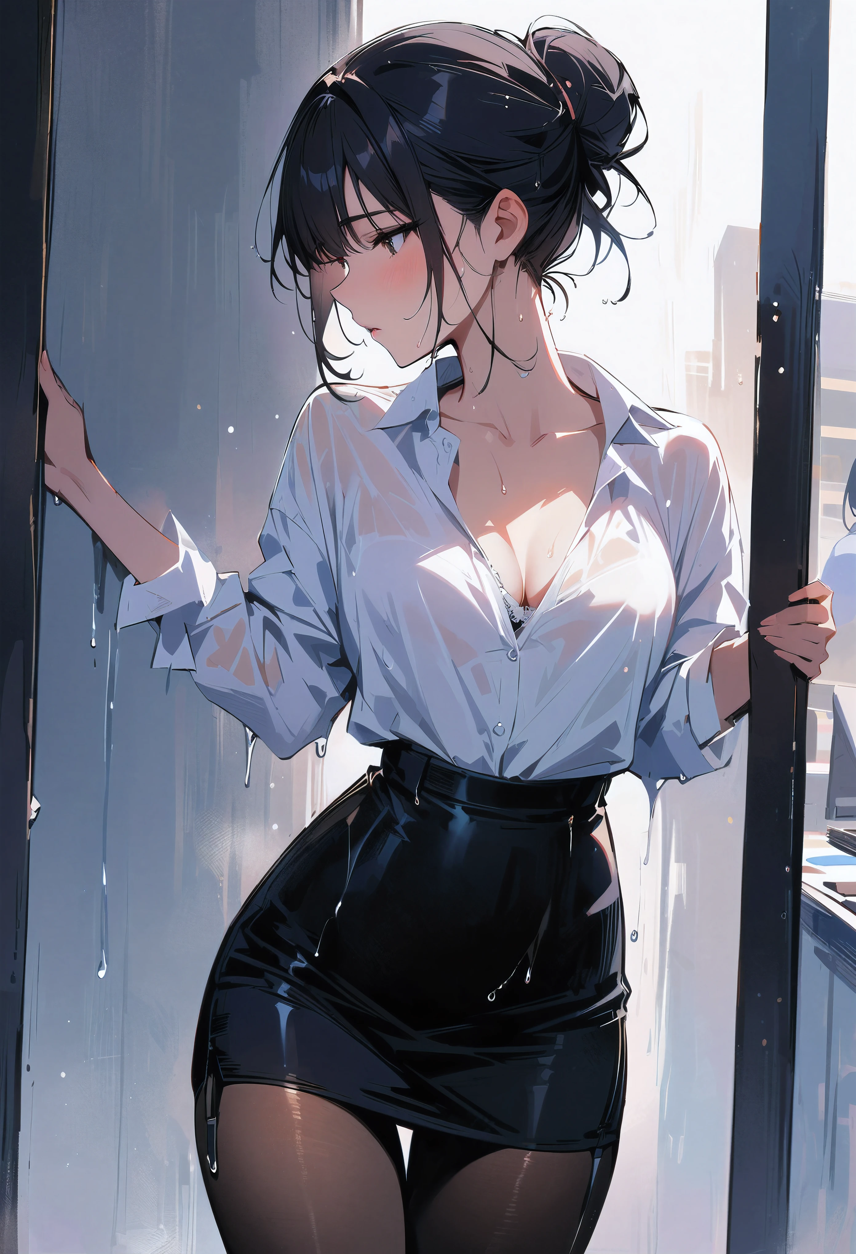 (masterpiece, best quality:1.2), 1 girl, alone , sexy , (black_H-line skirt),black skirt, (white_oxford_shirts:1.2),(office look female) ,cowboy shot, black hair ,hair bun, (office_background:1.3) , (pantyhose:1.2) , white Bra, (A white bra is reflected behind her shirts:1.2) ,(clothes are wet:1.3) close up