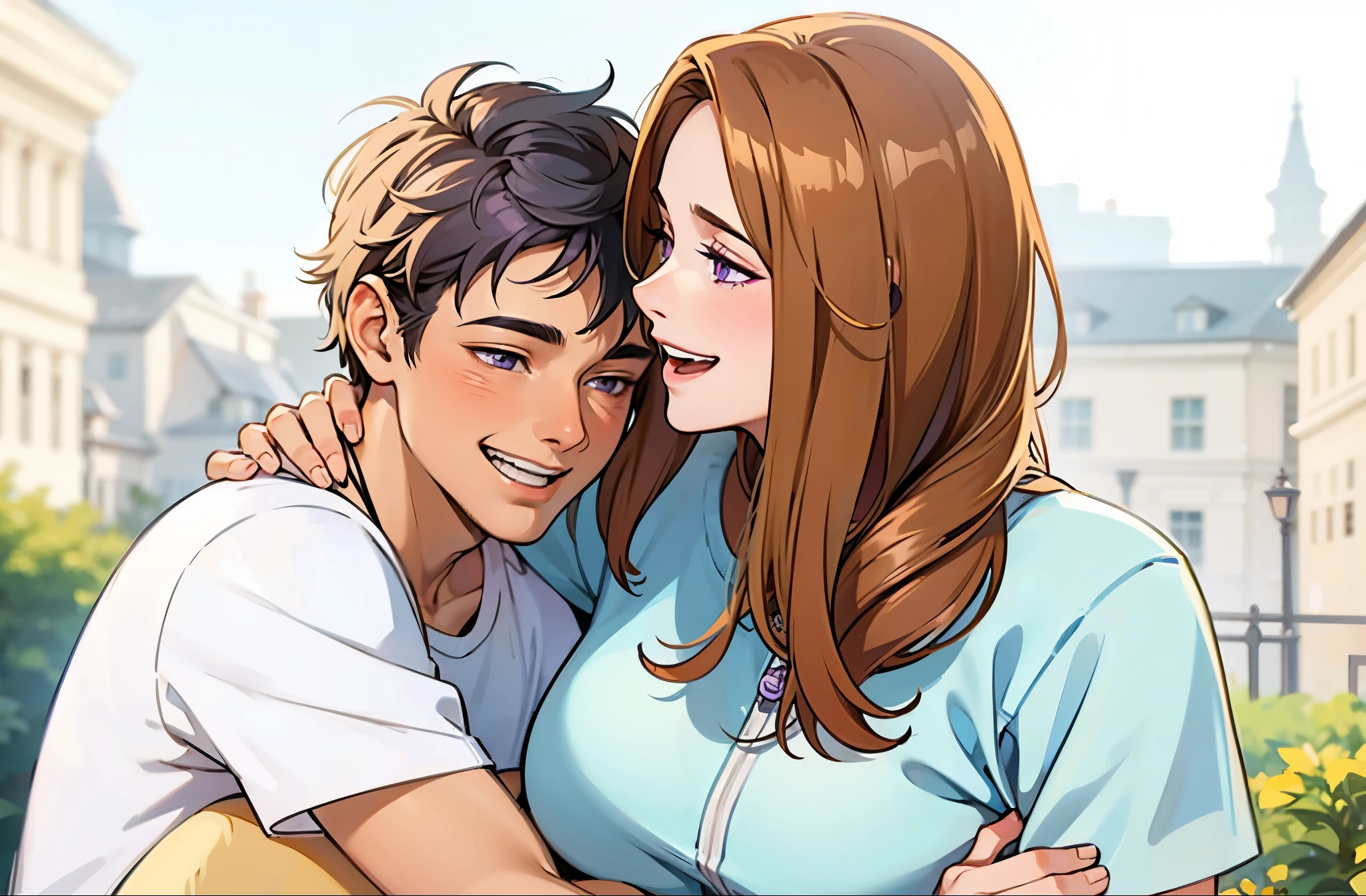 cute 16 year old boy purple hair purple eyes, with a 58-year-old woman with gray hair, gray eyes, they are talking, they are smiling.