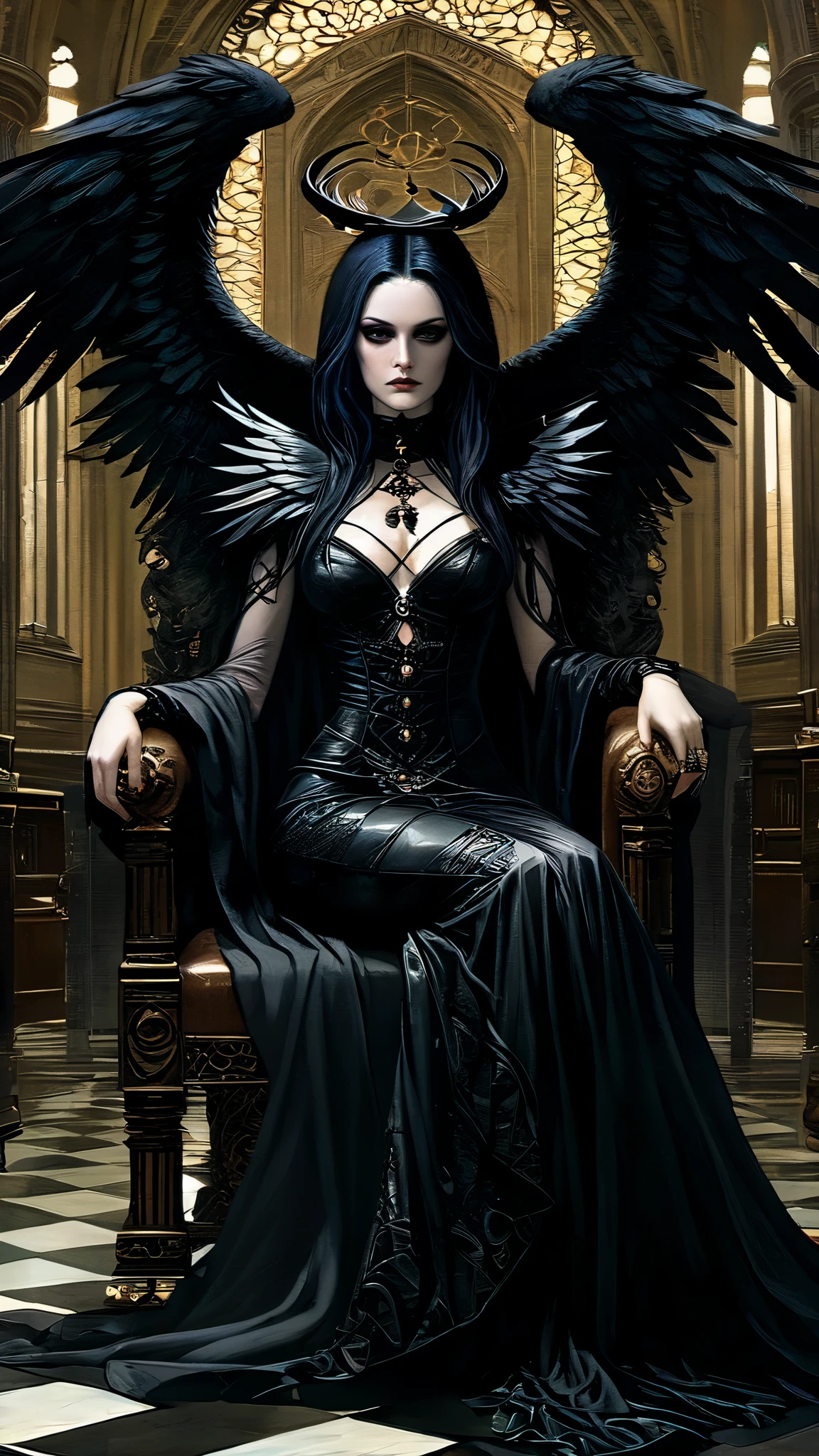 un primer plano de una mujer sentada en una silla con alas, gothic fantasy art, Vampiro femenino con alas de cuervo, gothic art style, neogothic art, gothic art, the villain has black angel wings, Detailed 3D Gothic oil painting, y mumford tom bagshaw, female lord of change, Alas de plumas oscuras, in style of dark fantasy art, Dark fantasy style art..