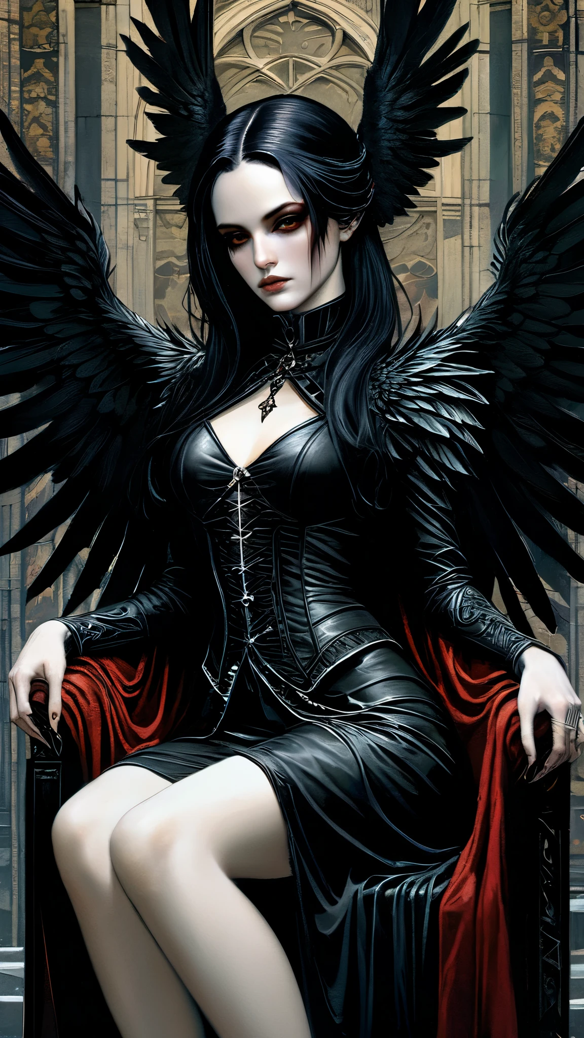 un primer plano de una mujer sentada en una silla con alas, gothic fantasy art, Vampiro femenino con alas de cuervo, gothic art style, neogothic art, gothic art, the villain has black angel wings, Detailed 3D Gothic oil painting, y mumford tom bagshaw, female lord of change, Alas de plumas oscuras, in style of dark fantasy art, Dark fantasy style art..