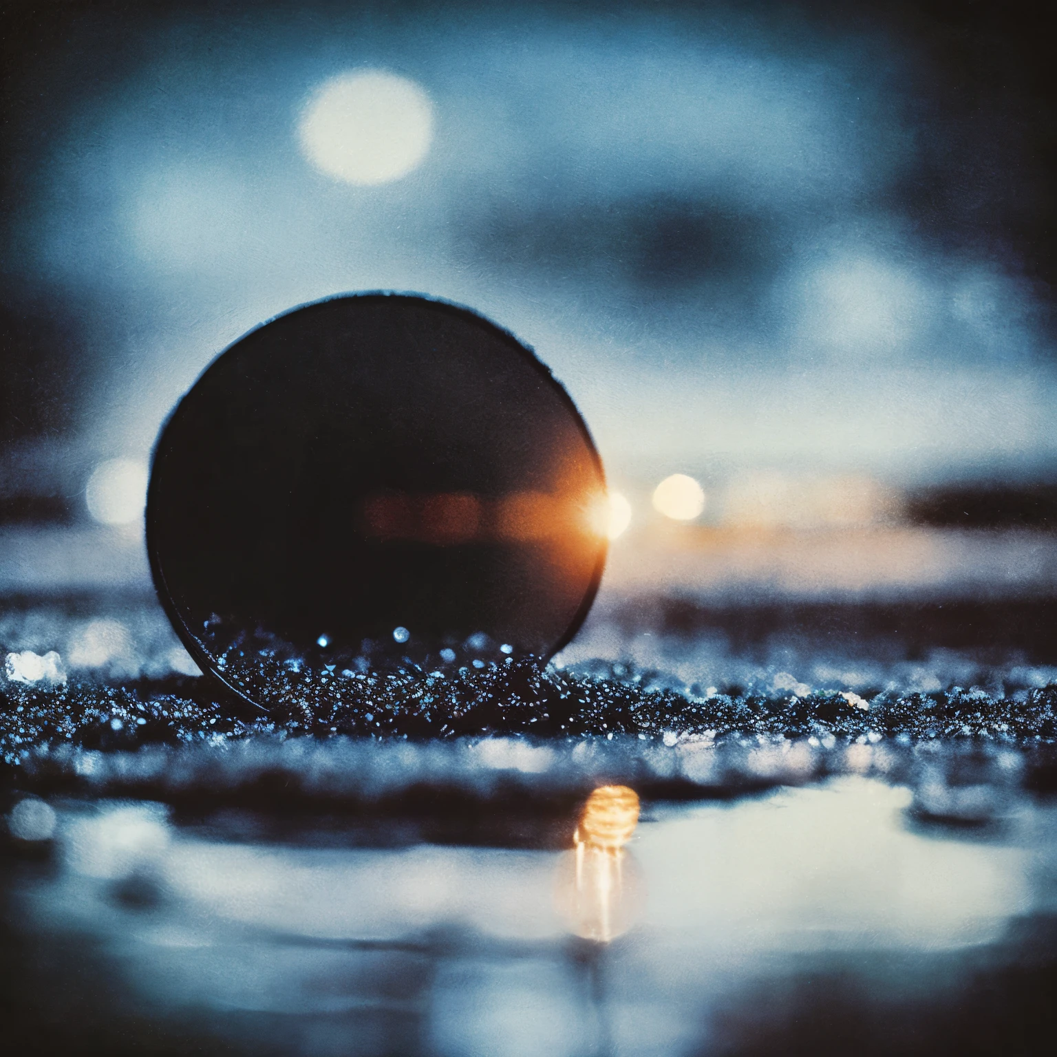 Close-up photo of Arafade water droplets,frayed edge. light leak, Blurry, Blurry image, Reflection of a camera in oil paint, The face is obscured., small pellets, low quality, detailed unblurred face, pinhole photo : dream, Analog photography experiments, Slow - Shutter, dark atmosphere album cover