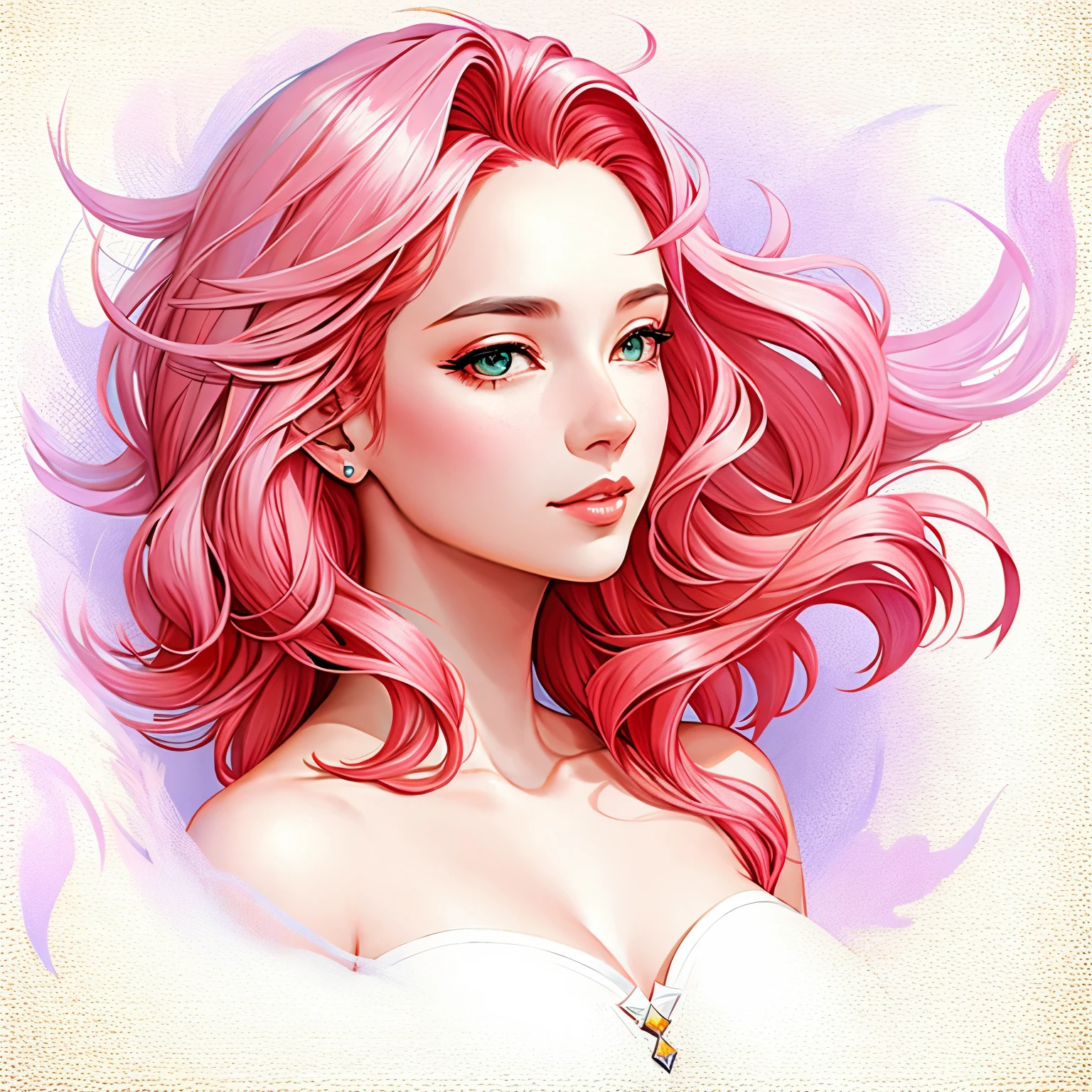 A queen with long pink hair and a bunch of white birds, loish and wlop, artgerm and james jean, red haired goddess, by loish, inspired by Ross Tran, james jean and wlop, cloud goddess, by Ross Tran, artwork in the style of guweiz, loish and ross tran, style of peter mohrbacher