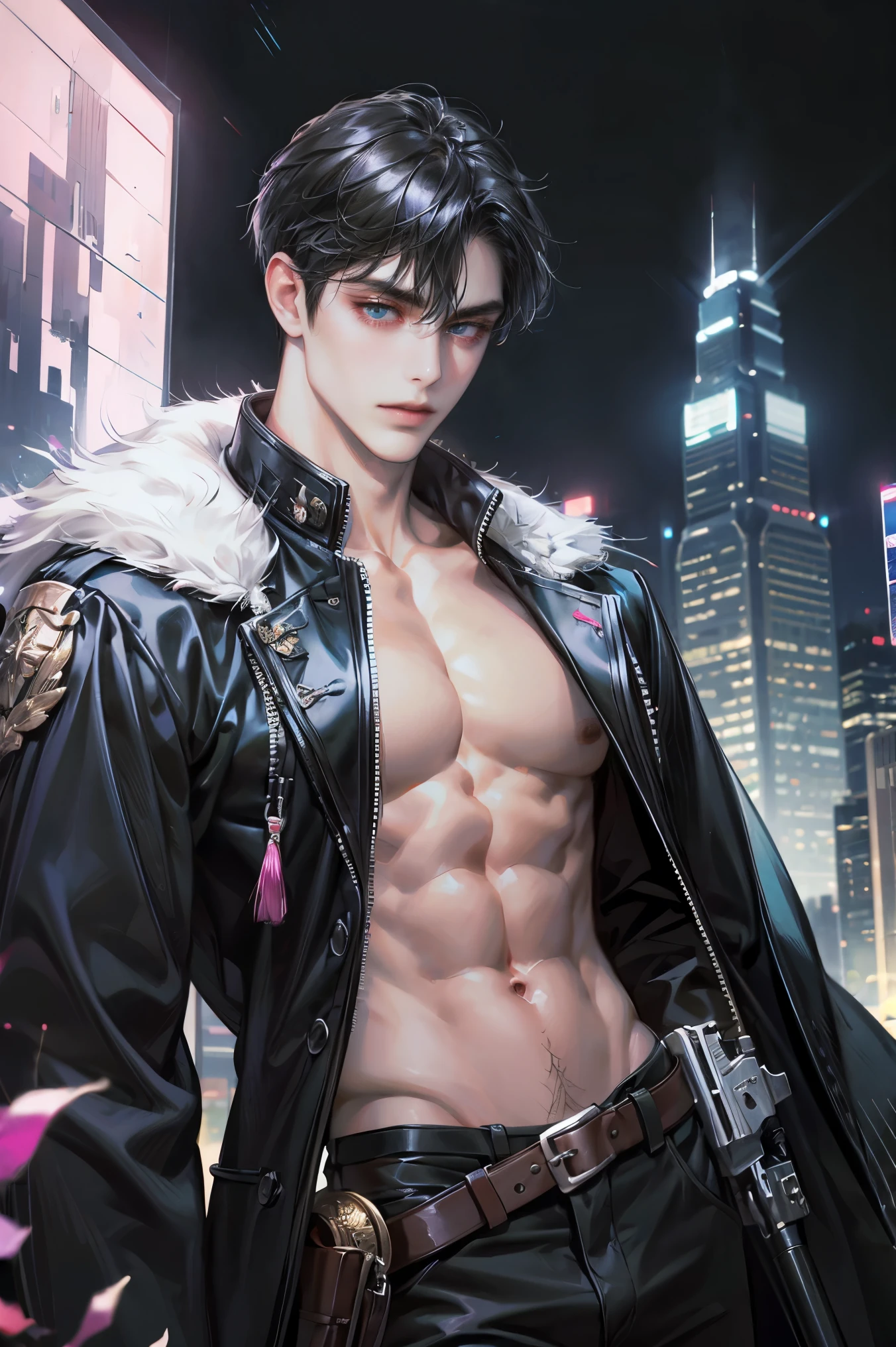 (absurdres, highres, ultra detailed, original character), 1 russian boy, solo, adult, handsome, ((tall muscular guy, broad shoulders)), finely detailed eyes, ((fluffy black hair)), hair between eyes, turquoise eyes, holographic, futuristic, casual outfit, black coat, gun holster, shirtless, defined abs, large pecs, ((wearing a black earring)), cowboy shot, dutch angle, face focused, tower walled city scenery, dystopian hong kong city, skyscrapers, Cyan, Magenta, long face, closed mouth, looking at viewer, depth of field, bokeh