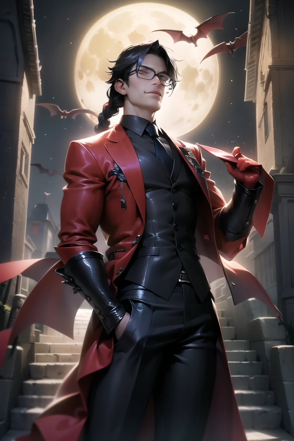 best quality, high resolution, vampire, Wear glasses, man, half body, Long black hair tied up, darkness, handsome, blood, moon, castle, Vampire, Man