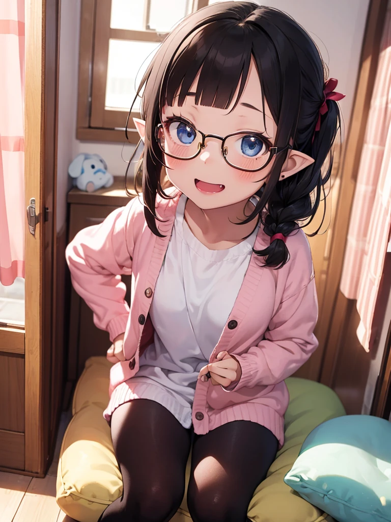 masterpiece, high resolution,  girls, (8 years rls, blue skirt and red skirt, ((forehead and blunt bangs)), happy smile, blue eyes, beautiful detailed eyes, glossy blonde hair, short hair and long hair, ((glasses)), ((pointy ears)), blush, fang, black leggings, loafers, sitting on the cushion, change clothes, hair ribbon, cardigan, braid, many stuffed toys, pink curtain, panty shot, nsfw