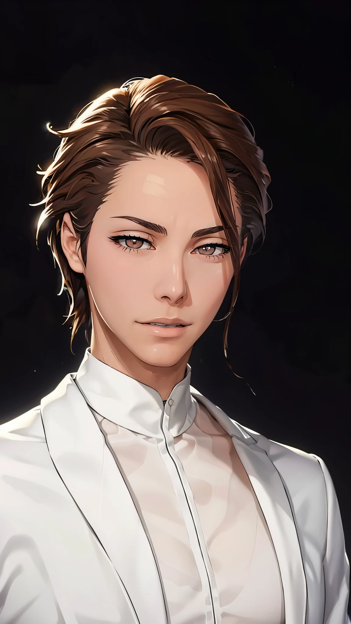 （（（完美figure，figure，man，solo，（（（White clothes，white coat，）））， （（（Aizen，Brown short hair, brown pupils,））），((masterpiece)),high resolution, ((Best quality at best))，masterpiece，quality，Best quality，（（（ Exquisite facial features，Looking at the audience,There is light in the eyes，(（（lol，confidence））)，））），型figure:1.7））），（（（Light and shadow，））），（（（Looking at the camera，black background，）））