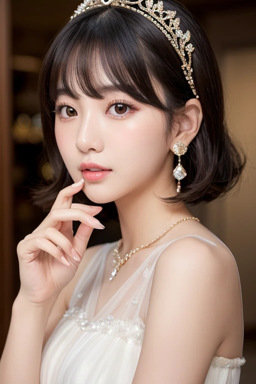 (Best image quality)、Ultra-Realistic Capture、19-year-old Japanese woman、Highly detailed eye resolution、cute、bob hair、With bangs、Sleeveless dress、A glittering social gathering、Natural light、Translucent white skin、Orange Makeup、The side of my hair is hanging over my cheek、Earrings、tiara、Duck mouth
