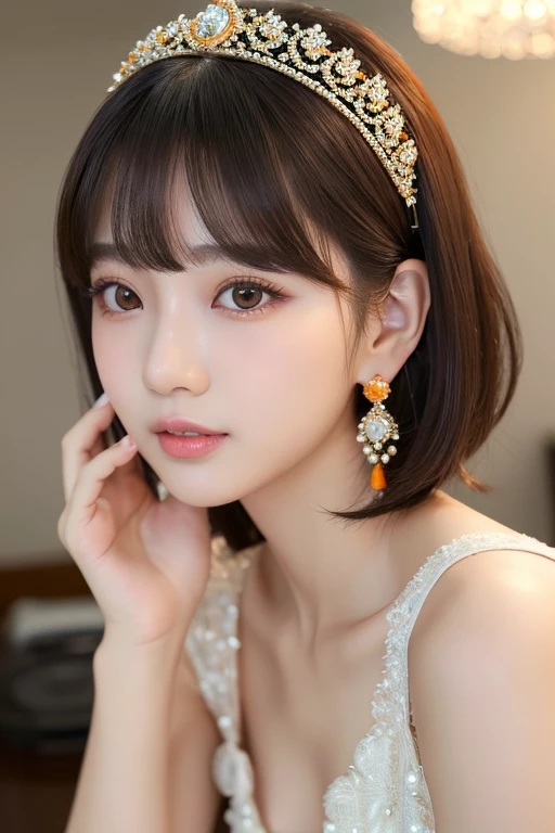 (Best image quality)、Ultra-Realistic Capture、19-year-old Japanese woman、Highly detailed eye resolution、cute、bob hair、With bangs、Sleeveless dress、A glittering social gathering、Natural light、Translucent white skin、Orange Makeup、The side of my hair is hanging over my cheek、Earrings、tiara、Duck mouth