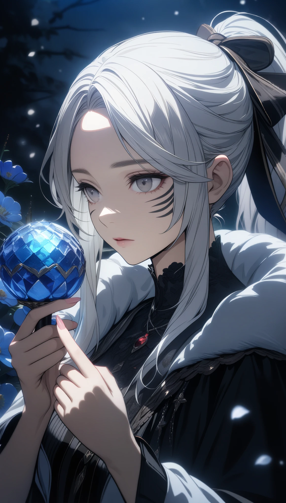 32k, best quality, ultra high res, HDR, UHD, extremely detailed CG, unity 32k wallpaper, masterpiece, Awesome girl, Night moon Full moon, 1 female, Mature Woman, younger sister, Royal younger sister, Cold Face, Expressionless, A woman with long silvery white hair, Light pink lips, Calm, intellectual, Three-striped grey eyes, Assassin's Short Knife, Flower ball background, Hand Detail, Finger details, Facial details, Eye details,