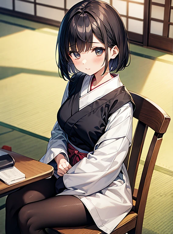 Cute Girls、Japanese、Sitting in a chair、Attractive breasts、shirt、black tights、Short Bob、Hands folded behind your back