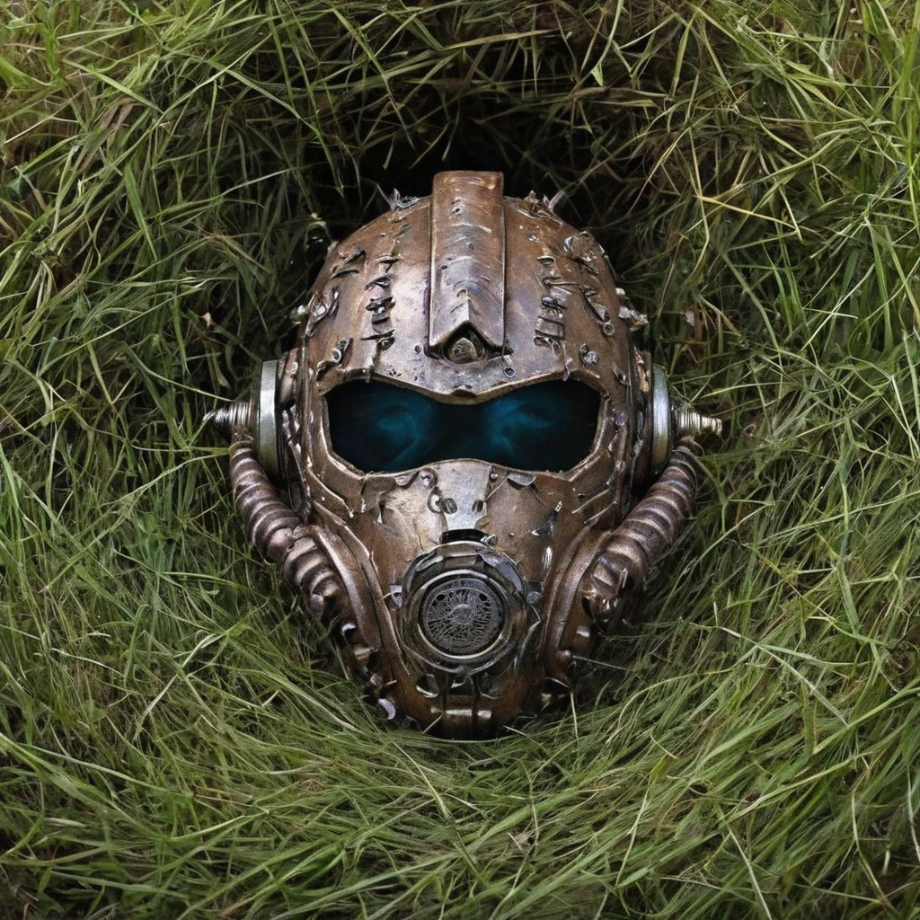 High Resolution, High Quality, Masterpiece. broken Rusty Steel Brotherhood power armor mask from game "Fallout" It is covered with earth , broken with a pierced eyecup, embedded in tall grass, Almost hidden in the grass, overgrown with bindweed. A cornflower flower grew through the hole. butterflies and flies. entwined by bindweed, cornflower sprouting through the hole, text "game  over" floating above, hyper-detailed, 32k resolution, digital painting, ultra-fine details.