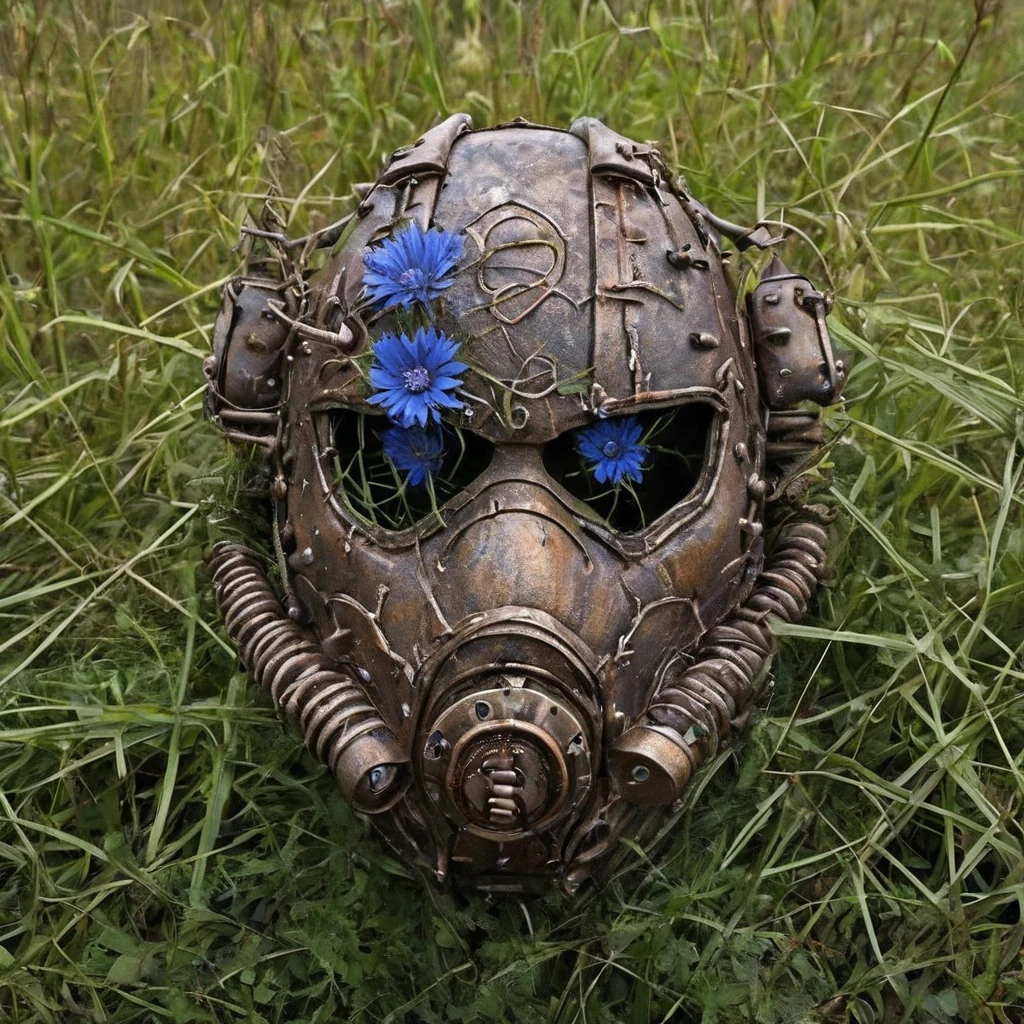 High Resolution, High Quality, Masterpiece. broken Rusty Steel Brotherhood power armor mask from game "Fallout" It is covered with earth , broken with a pierced eyecup, embedded in tall grass, Almost hidden in the grass, overgrown with bindweed. A cornflower flower grew through the hole. butterflies and flies. entwined by bindweed, cornflower sprouting through the hole, text "game  over" floating above, hyper-detailed, 32k resolution, digital painting, ultra-fine details.