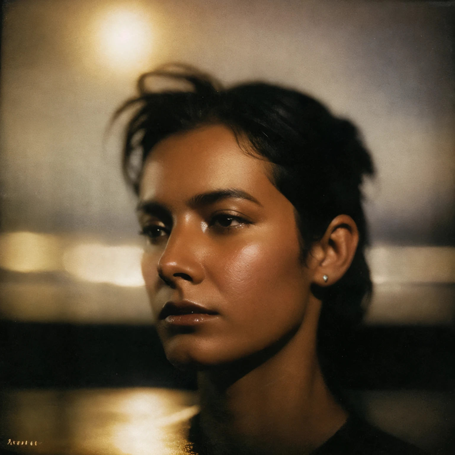 Close-up of Arafed teardropping,frayed edge. light leak, Blurry, Blurry image, Reflection of a camera in oil paint, small pellets, low quality, detailed unblurred face, pinhole photo : dream, Analog photography experiments, Slow - Shutter, dark atmosphere album cover