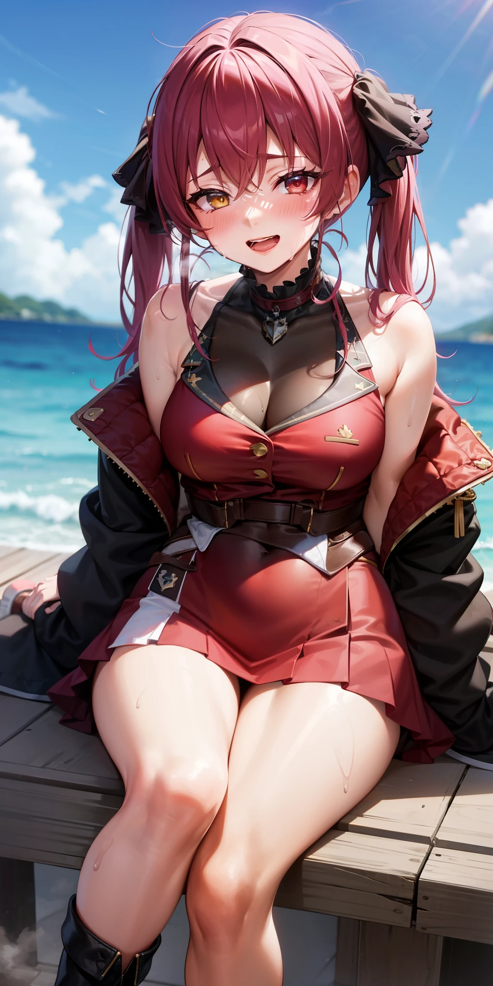 Houshou Marine,marine,heterochromia,shoulder,pirate,off-the-shoulder-coat,miniskirt, half-closed-eyes,evil smile,blush,open mouth, sweating,pigtails,black highleg,steam,red clothes,sitting,sitting,2legs,legs focus,cross one's legs,black stockings,ankle boots,sea