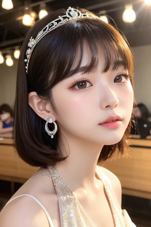 (Best image quality)、Ultra-Realistic Capture、19-year-old Japanese woman、Highly detailed eye resolution、cute、bob hair、With bangs、Sleeveless dress、A glittering dance hall、Natural light、Translucent white skin、Orange Makeup、The side of my hair is hanging over my cheek、Earrings、tiara、Duck mouth