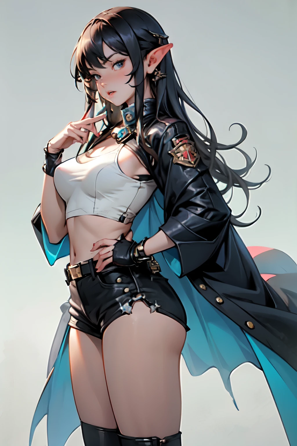 straight angle young beautiful with a serious expression on her face not a tall elf vampire with long ashen hair light open dark top shorts slightly revealing the buttocks rag shoes without fasteners beautiful open breasts of the second size without a cloak full height in excellent quality