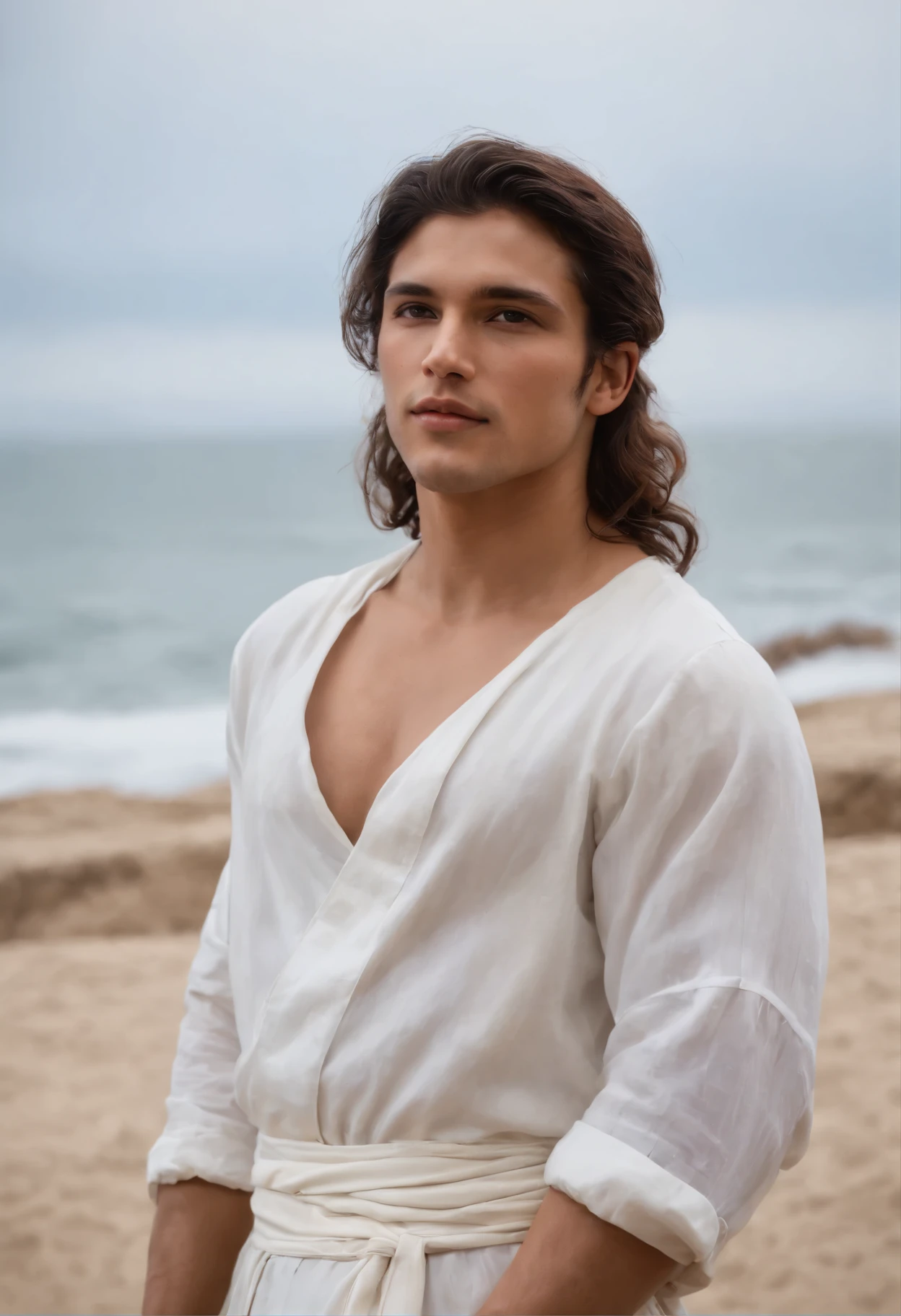 une représentation artistique dans le style d'an ancient human young man who represents a man&50;air innocent, gros plan sur 1 homme, attractif, d'origine tunisienne, gardien de la justice, armor lit by light, vibrant, barbare debout, Daylight, beau visage, ciel blanc, (Oil painting'huile), porter des robes blanches, Art classique:0.4, detailed, complexe, (art fantastique), muted color:0.25, best quality, bonne anatomie, bonne compo, bonnes proportions, bon design, pose dynamique, Bonne pose, arrière-plans de nuages brumeux, (cinematic), (la plus haute qualité, Prime, chef-d'artwork:1.3), (((couleurs naturelles))), (photorealistic:1.4), ((mains vides, ne rien retenir)), dans le style de l'artiste britannique J