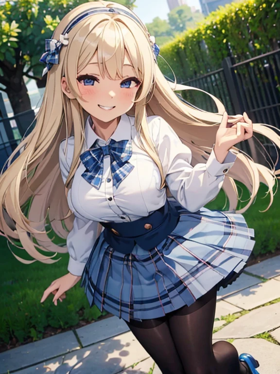 ((highest quality)), ((masterpiece)), (detailed), (Character Focus、breast focus,whole body), Anime 2D Rendering, Realistic young anime woman, Five Fingers, Perfect Face, Beautiful fine details, Beautiful body, Beautiful breasts, Beautiful thighs, (Smaller breasts)、Beautiful feet, (White beautiful skin), 、 16-year-o gine Gi Blonde、(Long Hair、White headband), ((Collared short-sleeved shirt, White shirt, Blue plaid pleated skirt, Blue tie))、(Black Pantyhose、loafers), Wicked Smile、((Grin))、garden、She turns her face and body towards the viewer，A pretty face and a charming smile，Are standing、