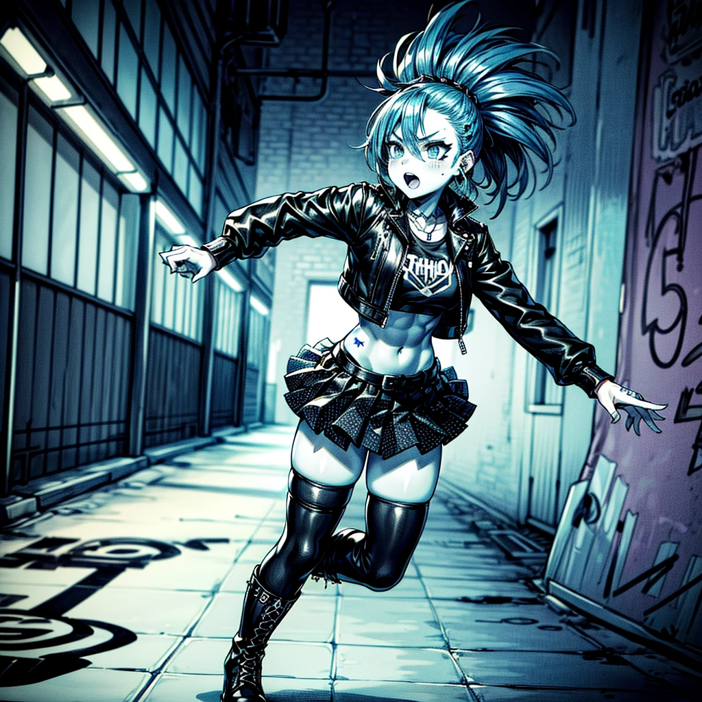 Cute punk rock girl:1.5,pale blue hair and eyes:1.5,firework updo hairstyle:1.5,paper white skin:1.5,muscular body:1.5,eyeliner,blue tattoos,black knee high boots:1.5,cute blue socks:1.5,black leather crop top:1.5,midriff fishnets,blue electrified Skirt:1.5,(best quality,highres,4k,masterpiece:1.5),seamless perfection,ultra-detailed,portrait,graffiti,wild expression,rings and bracelets,earrings,grungy graffiti-covered walls,dark alleyway,vibrant punk fashion and accessories,dynamic pose,confident expression,punk rock attitude and rebellious spirit,vivid colors,high contrast,edgy and gritty atmosphere,genuine punk rock feel,spiky hair,riotous energy,cool and rebellious demeanor,sharp details and textures,street art and punk culture elements,raw and energetic performance,indie music scene,intense vocals,expressive eyes,high-energy performance,raw emotions,earthy and rugged vibes,punk rock fashion statement,unique and alternative style,subculture and individuality.