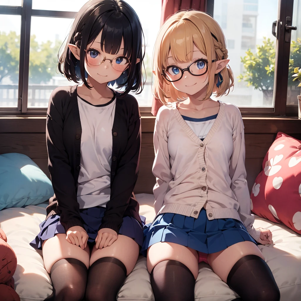 ((in train:1.5)), ((sitting the train seat)), ((petite)), ((little 2girls:1.5)), ((loli face:1.5)), (forehead), happy smile, glossy blonde hair, ((long hair and short hair)), (single braid), blue eyes, beautiful detailed eyes, ahoge, (glasses), elf, (blush:1.5), clear sky, , ((by the window)), ((white panties)), ((skirt lift)), from below