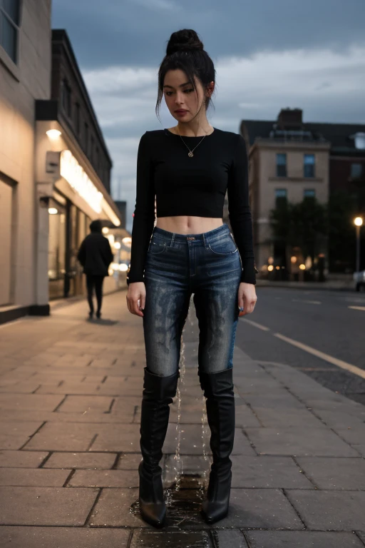 anime, highres, beautiful women, high detail, good lighting, lewd, hentai, (no nudity), (((jeans))), ((tight leather top)), (((leather thigh high boots))), bare midriff, ((wet crotch)), (((peeing herself))), (((wetting herself))), ((((peeing self))), (pee streaming down legs), peeing stain, (puddle), (thick thighs), nice long legs, lipstick, detailed face, pretty face, hair tied up, embarrassed blushing face, humiliated, ((on sidewalk at night)), high heels, ((standing))