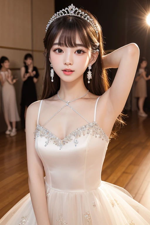(Best image quality)、Ultra-Realistic Capture、19-year-old Japanese woman、Highly detailed eye resolution、cute、Semi-long hair、With bangs、Double knot、Sleeveless dress、A glittering dance hall、Natural light、Translucent white skin、Orange Makeup、The side of my hair is hanging over my cheek、Earrings、tiara、Duck mouth