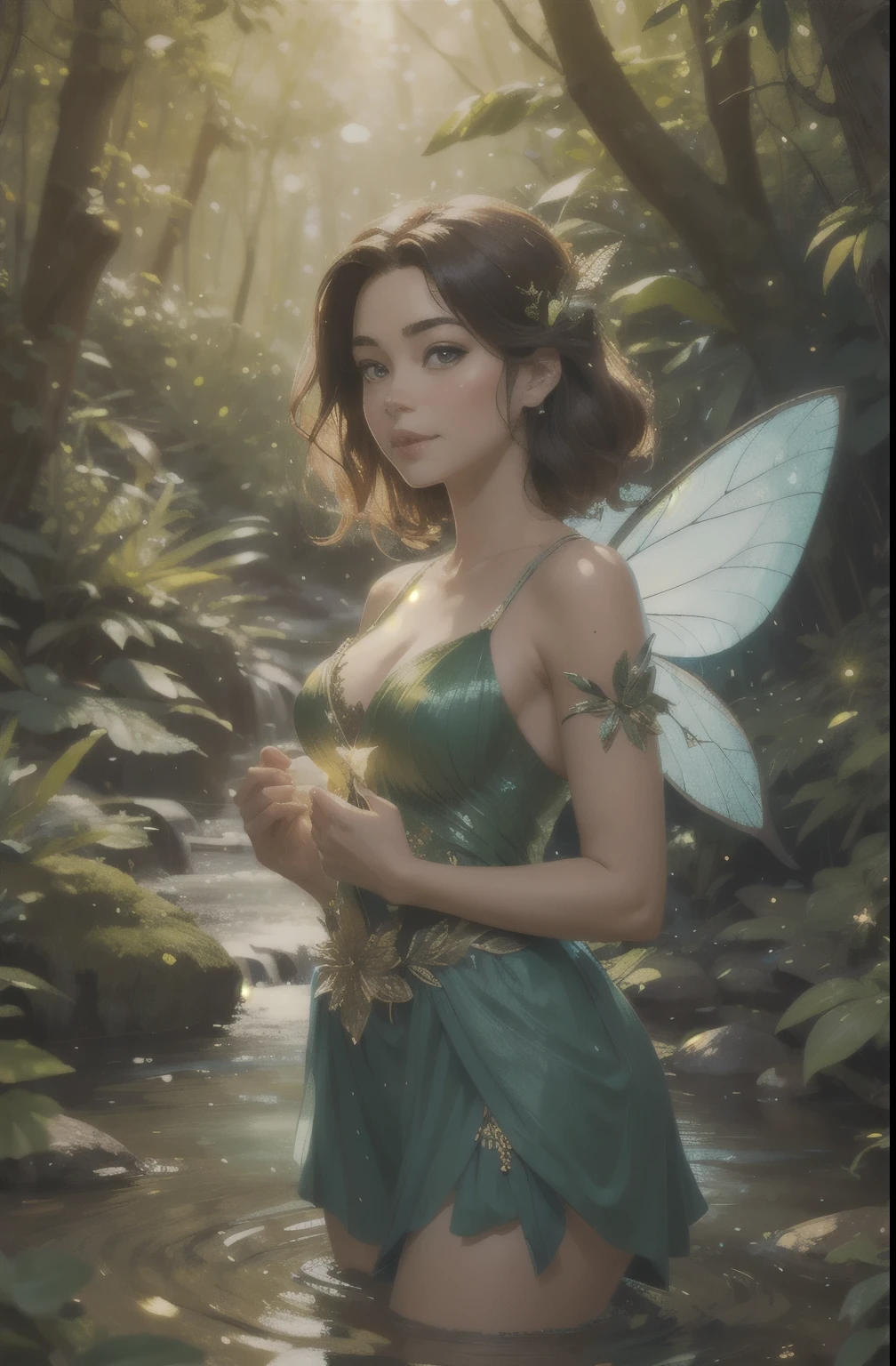 (masterpiece, best quality), photo of a woman, realistic, beautiful, forest, fairy, bokeh, stream, vibrant lighting