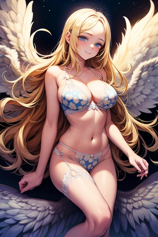 blonde hair, , blue eyes, angel wings, white wings, sexy, large breasts, sexy, beautiful body, masterpiece, smile, (((Chrysanthemum print lingerie))), hotel bedroom,Sexual Intercourse, (cum in pussy),(breast milk)