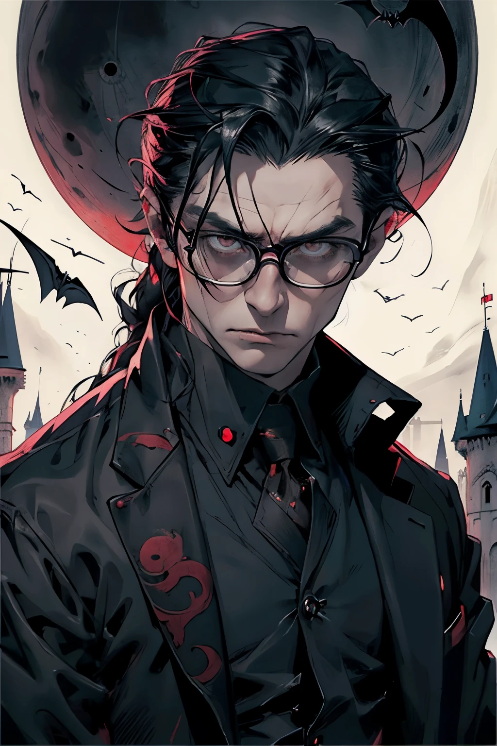best quality, high resolution, vampire, Wear glasses, man, half body, Long black hair tied up, darkness, handsome, blood, moon, castle, Vampire, Man