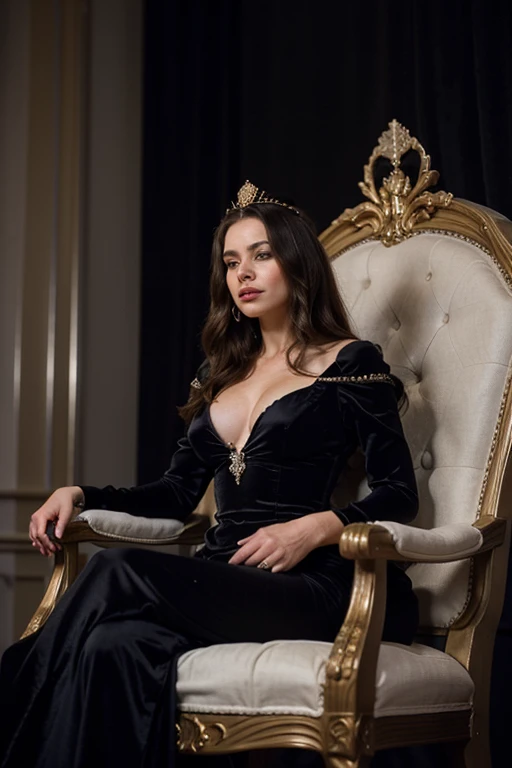evil queen femdom in elegant ostentatious black gold dress sits on majestic throne. she has an arrogant look. she has a silver big elegant crown on. she is beautiful. the picture should be realistic