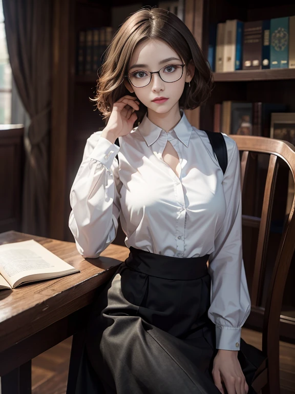 (Realistic、High resolution:1.3),alone, One Girl, masterpiece, highest quality, Very detailed, Cinema Lighting, Intricate details, High resolution, Official Art, Beautifully detailed face and eyes, High resolutionのイラスト, 8k, (Short Bob Hair), Ash Brown Hair:1.3, Very thin body, ((Long skirt、Black blouse :1.3)) 、Single Blade, blue eyes, Glasses, Conceit, Sit on a chair, Upper Body, Big Breasts, White shirt, Book_stack, library, ((vine)), Looking at the audience