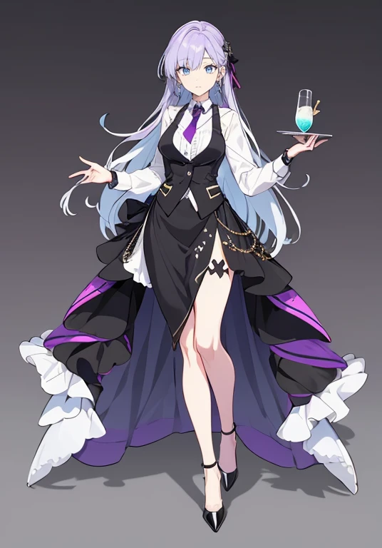 ((Perfect Face)),Purple Hair,Semi-long hair,1 female,bartender,,Black vest,tie,High heels,,((Simple light color background)),((smile)),((Full Body)),((full body)),Character portrait,VTuber,upright,