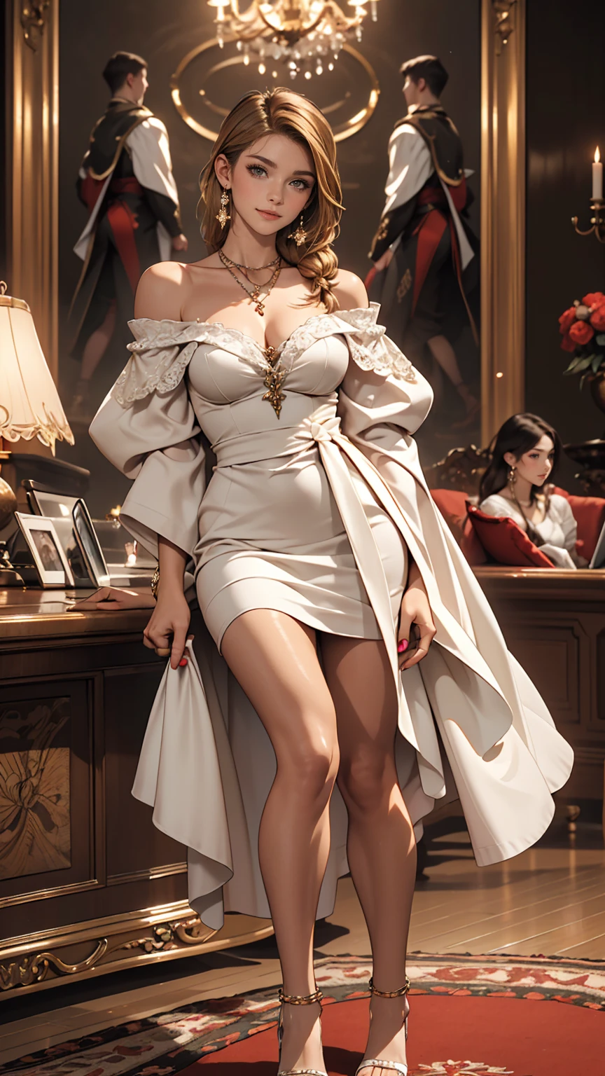 ((最high quality, 8K, masterpiece: 1.3, Ultra HD, high quality, 最high quality, High resolution, realism)) 、A 22-year-old extremely beautiful white woman、Slender but well-proportioned body、Hair color blonde、blue eyeedium Hair、Straight Hair、smile、Background blur((depth of field))、Aerial perspective((atmospheric perspective))、I want my head to stay off screen、Put an anklet on your ankle、Wearing red nail polish、I have a peticure、Slender but well-proportioned body、Inner Color((colored inner hair))、Braided long hair((low-braided long hair))、off shoulder((mini length))Bodycon Wear、Bend forward to emphasize cleavage、Wearing high heels、In a luxurious hotel lobby、There is a front desk、Lavish interior、luxurious furniture、Luxurious sofa
