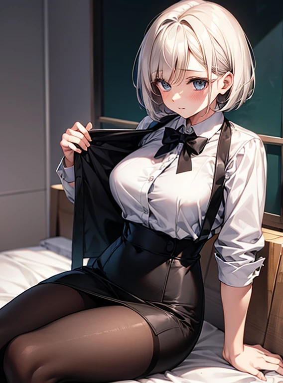 (Highest quality, High resolution, Very detailed), 1 female, Silver Hair, ToneShort Hair, Reddish brown eyes, office staff suit skirt, lace thong, garter belt, secretary, 24th generation, Beautiful woman, mature, quiet, Calm, Large Breasts, A small smile, office,