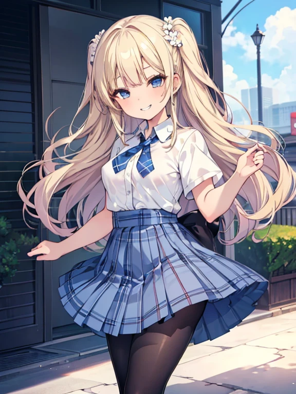 ((highest quality)), ((masterpiece)), (detailed), (Character Focus、breast focus,whole body), Anime 2D Rendering, Realistic young anime woman, Five Fingers, Perfect Face, Beautiful fine details, Beautiful body, Beautiful breasts, Beautiful thighs, (Smaller breasts)、Beautiful feet, (White beautiful skin), Baby Face、 16-year-old girl、One Girl, Blonde、(Long Hair), ((Collared short-sleeved shirt, White shirt, Blue plaid pleated skirt, Blue tie))、(Black Pantyhose、loafers), Wicked Smile、((Grin))、garden、She turns her face and body towards the viewer，A pretty face and a charming smile，Are standing、