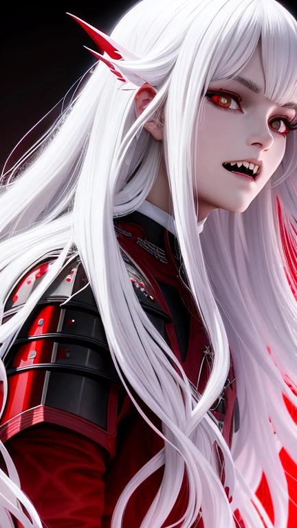 perfect face, long wavy white hair color, sharp eyes, dark red eyeballs, solo, demon, sharp teeth and fangs, sharp claws, general with armor clothing, profile picture, in hell background.