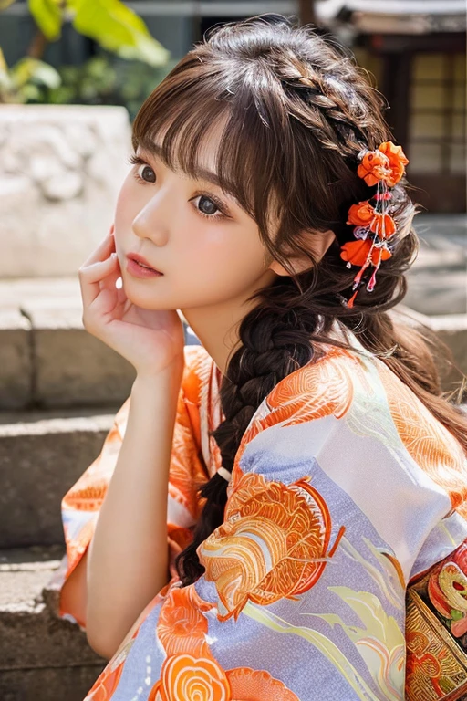 (Best image quality)、Ultra-Realistic Capture、19-year-old Japanese woman、Highly detailed eye resolution、cute、Semi-long hair、With bangs、Braided、shrine、Natural light、Translucent white skin、Orange Makeup、The side of my hair is hanging over my cheek、hair ornaments、Duck mouth、kimono
