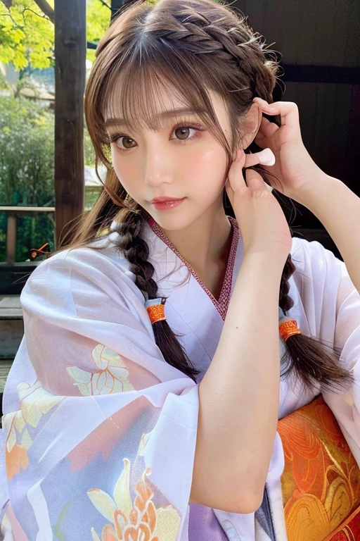 (Best image quality)、Ultra-Realistic Capture、19-year-old Japanese woman、Highly detailed eye resolution、cute、Semi-long hair、With bangs、Braided、shrine、Natural light、Translucent white skin、Orange Makeup、The side of my hair is hanging over my cheek、hair ornaments、Duck mouth、kimono