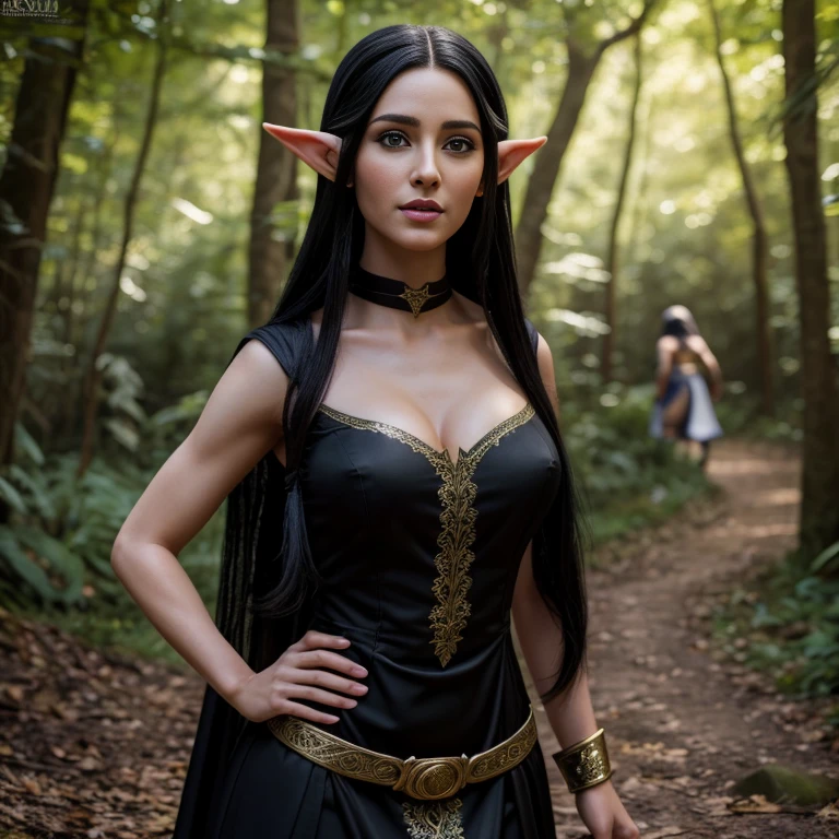 1 female elf with, pretty face, 35 years old, Ultra detailed face and eyes, hyperrealistic, realistic representation, wearing a long black elf dress, dancing through an elf village, full body, She has long black hair