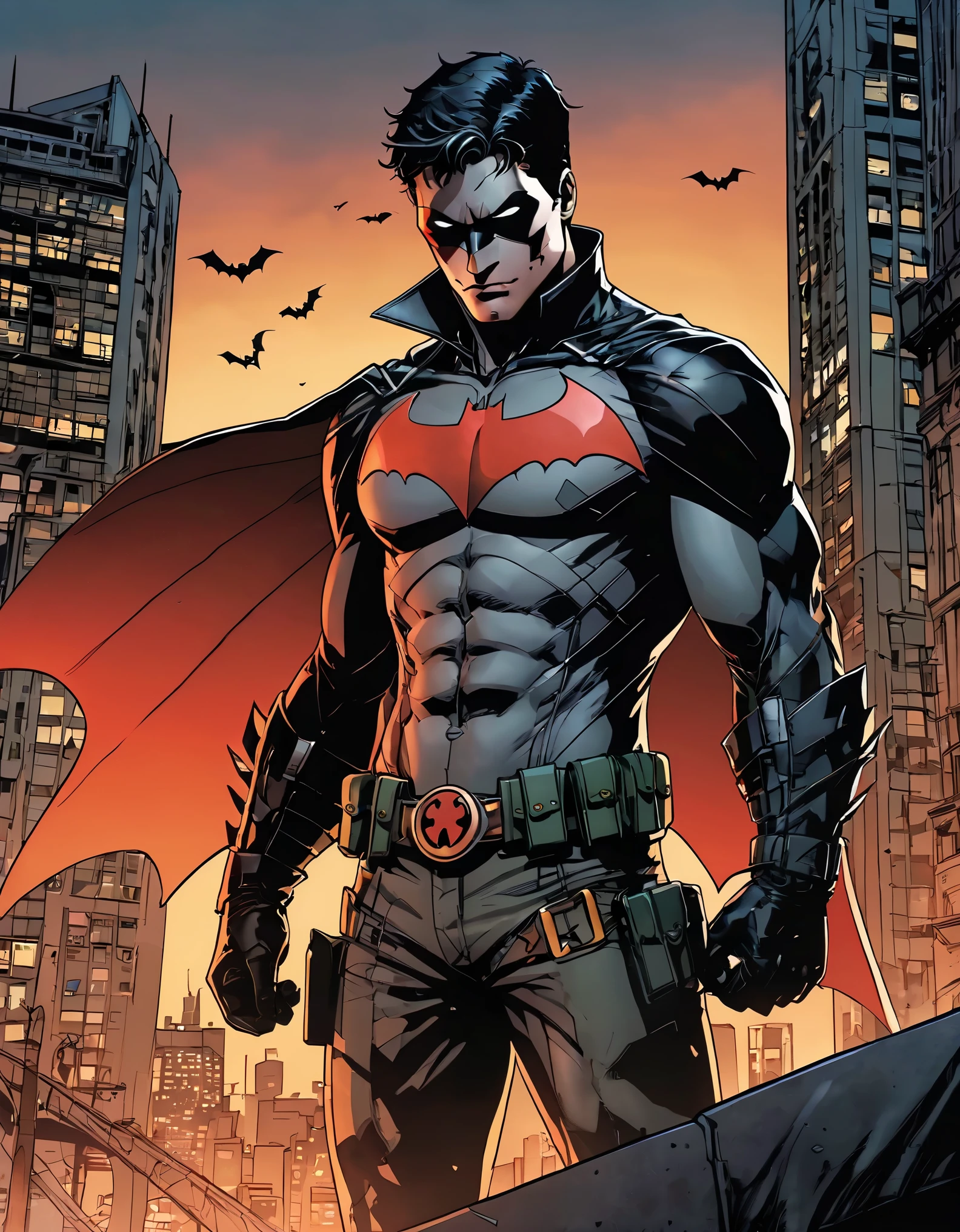 (rua:sunset) reflected in his sculpted abs. [Jason Todd] intimidating physique is enhanced by the vibrant colors of his [capuz:vermelho] e o [cidade:Cidade de Gotham] pano de fundo. o [muscles:detalhado] e [Peito:poderoso] portray your strength and determination. Enquanto seu [olhos:Afiado] e [olhar intenso] reveals his unwavering focus on justice. Jason Todd exudes a sense of [poder:domain] as he rises through the darkness of Gotham, pronto para proteger os inocentes. [luzes da rua] cast a warm glow, destacando os detalhes intrincados de sua [jaqueta de couro], which is adorned with [bat symbol:orgulhosamente]. The atmosphere is filled with a mixture of [mystery] e [threat], mirroring the hero&#39;natureza complexa. the scene is [colorida] Ainda [corajoso], capturing the essence of Gotham&#39;s cityscape. o [sunset] sky adds a touch of warmth, contrasting with the shadows that appear behind him. Jason Todd presence in this scene commes attention, convidando-nos a testemunhar o seu caminho como o [capuz vermelho].
INFO

